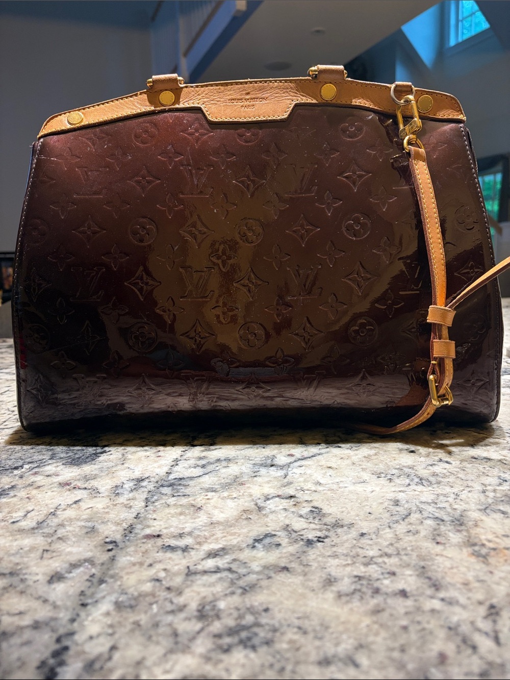 Louis Vuitton Patent Vernis Satchel in Deep Burgundy with Tan Trim